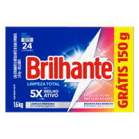 DETERGENTE EM PÓ BRILHANTE CX. 1,6kg GRÁTIS 150g – R$ 14,80 CADA